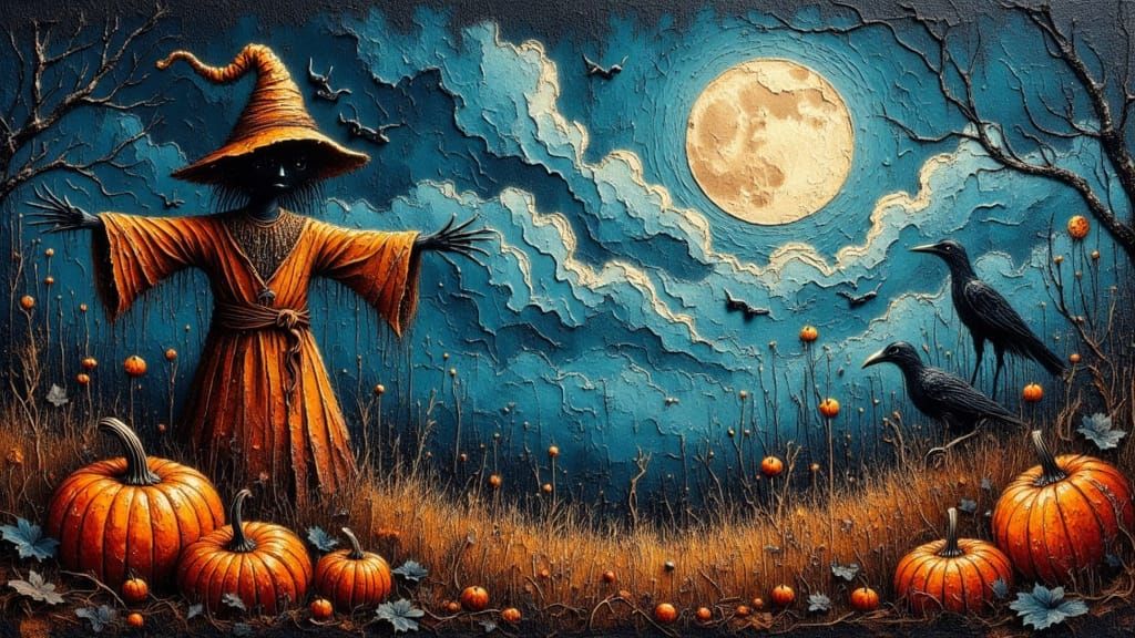 Spooky Rusty Landscape with Scarecrow and Ghosts Under Moonl...