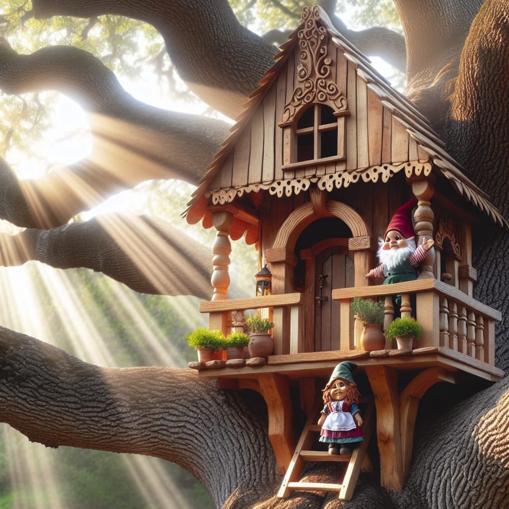 Wooden Gnome House in Majestic Oak Tree Roots