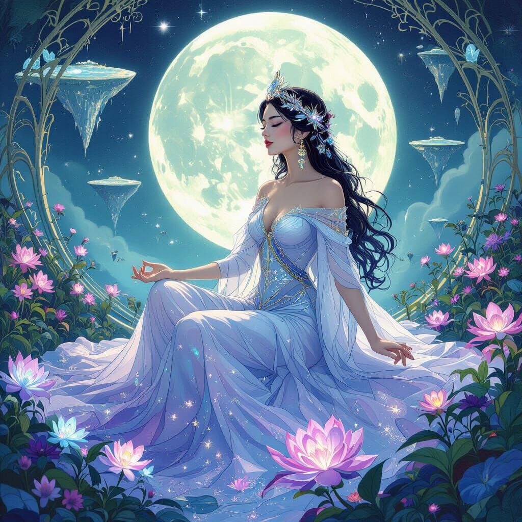 Celestial Empress Meditating in a Bioluminescent Garden