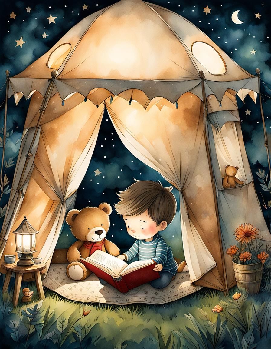 Boy and Teddy Bear Reading: Whimsical Illustration
