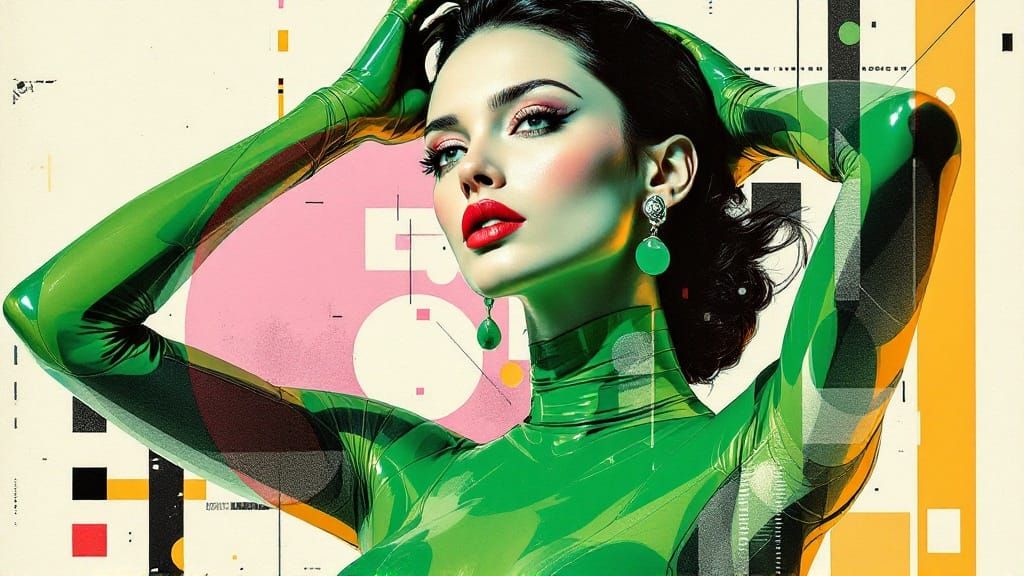 Bold Futuristic Woman in Green Catsuit with Distorted Textur...