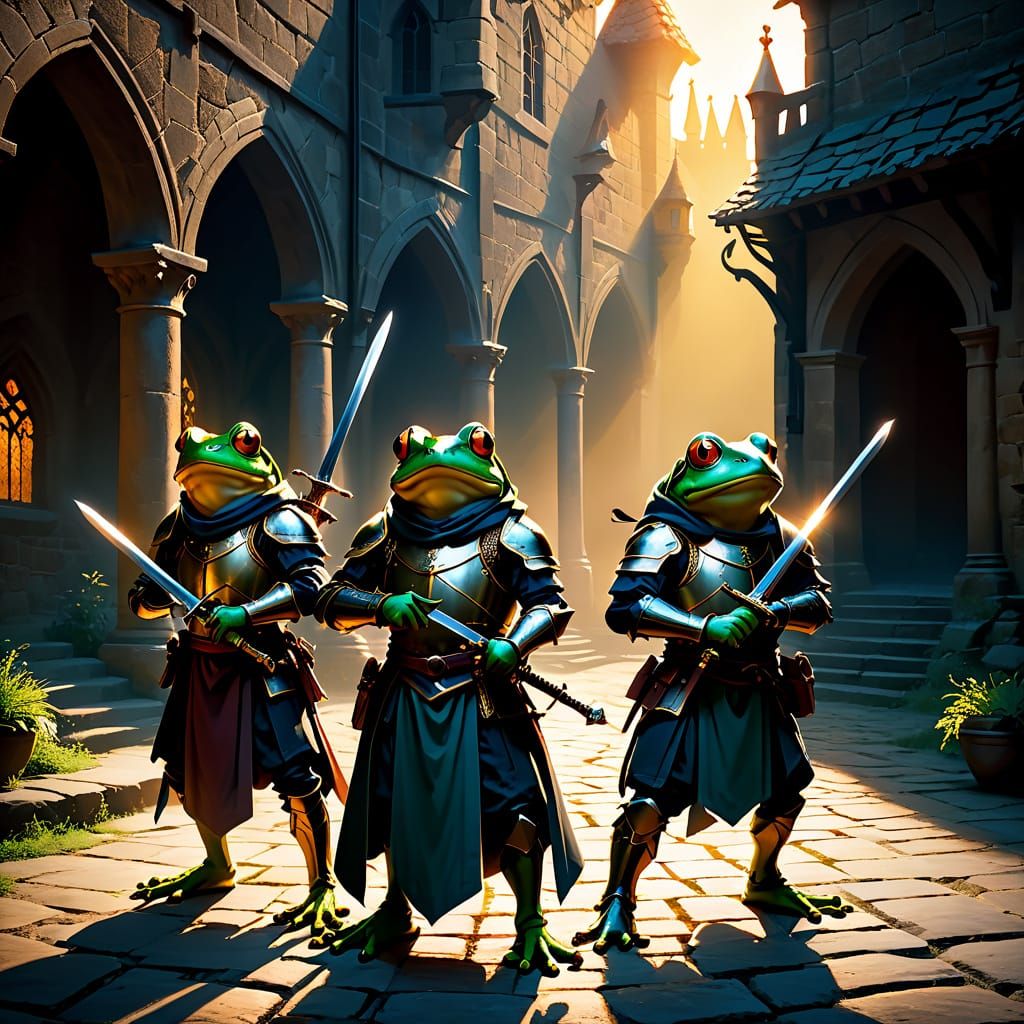 Three Frogs Stand Heroically in a Vibrant Medieval Courtyard