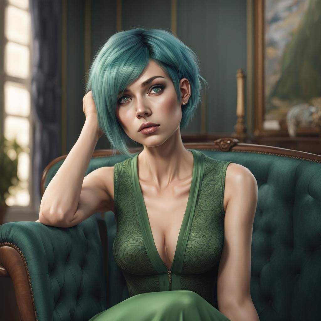Elegant Woman with Short Blue and Green Hair