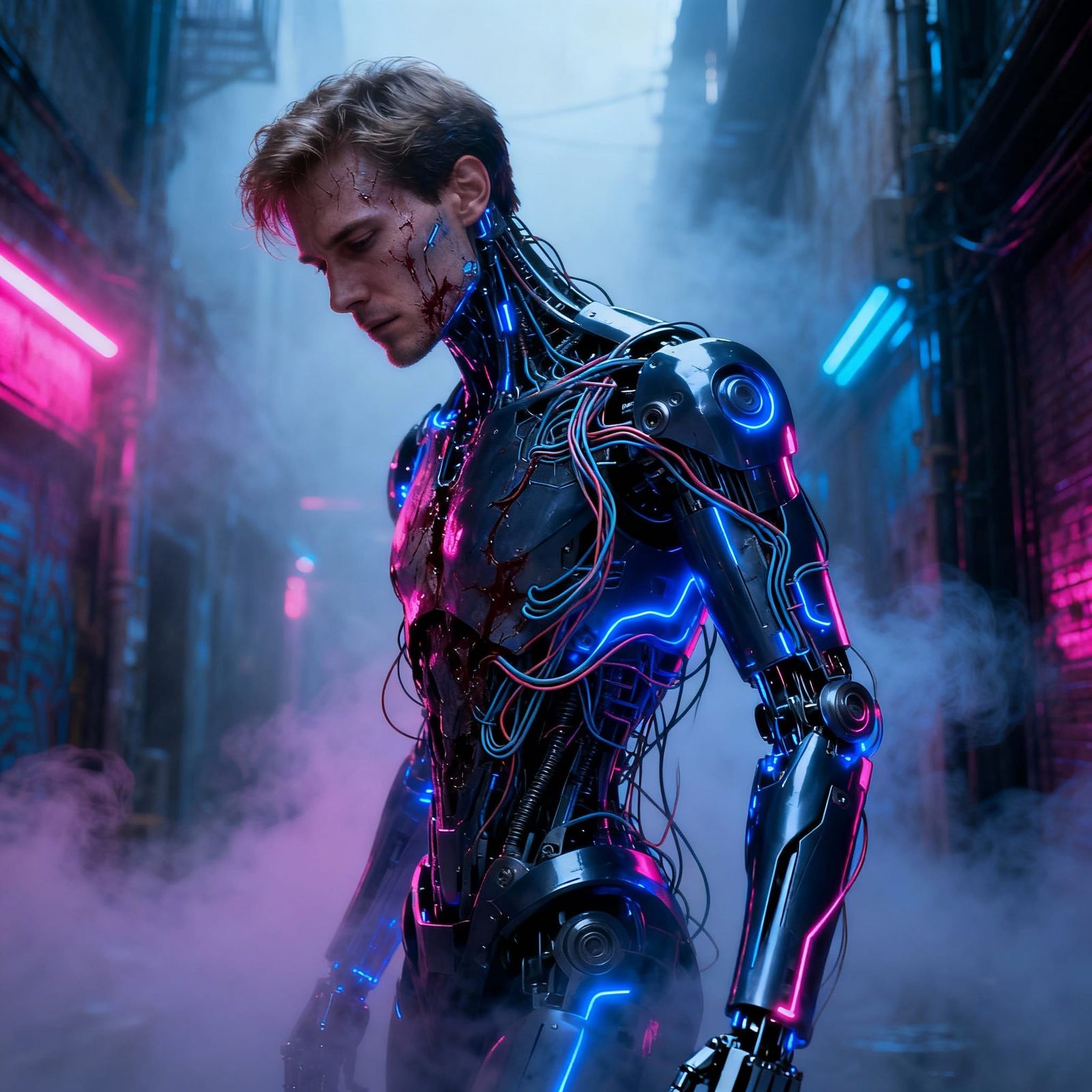 Man Transforms into Sinister Robot in Foggy Cyberpunk Alley