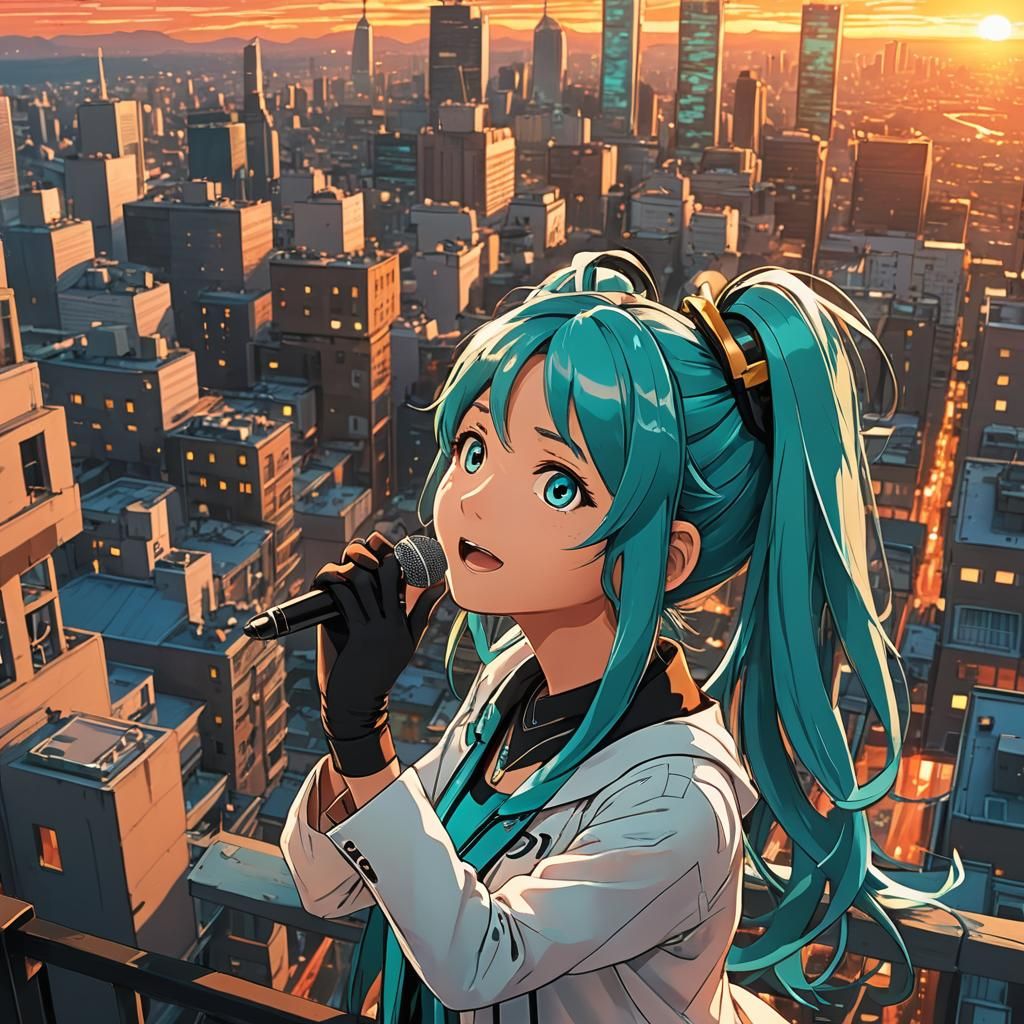 Hatsune Miku Sings at Sunset: Cel-Shaded Anime Art