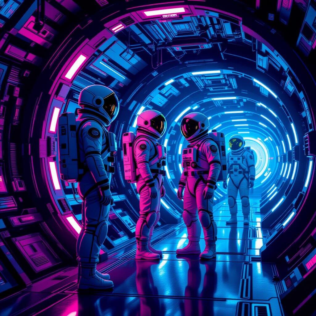 Spaceship Crew in Futuristic Sci-Fi Interior