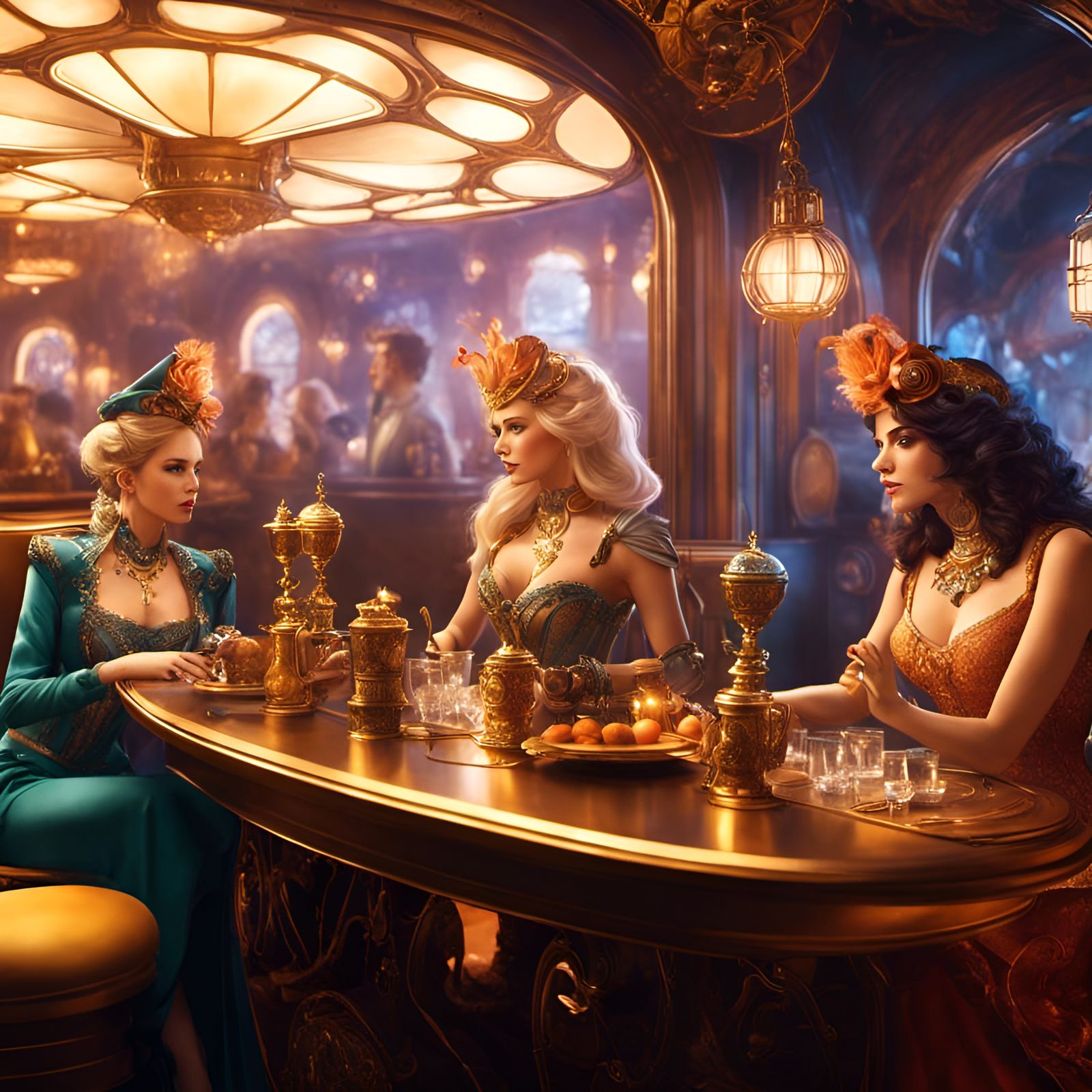 beautiful Steampunk women sitting g in a steampunk diner. Intricate detailed elaborate meticulous rhinestone iridescent ...