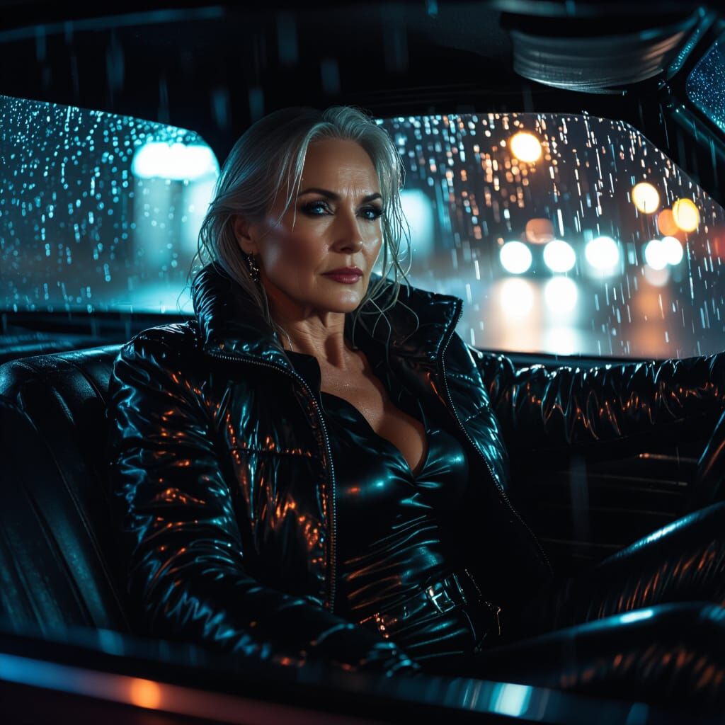 Woman in Wet Leather Jeans in Rainy Car Interior
