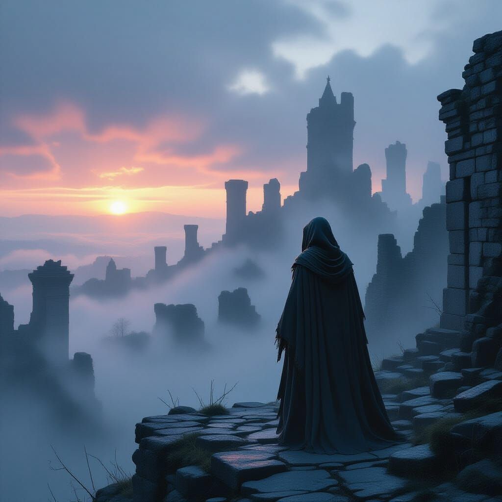 A solitary cloaked figure stands on the precipice of a crumb...