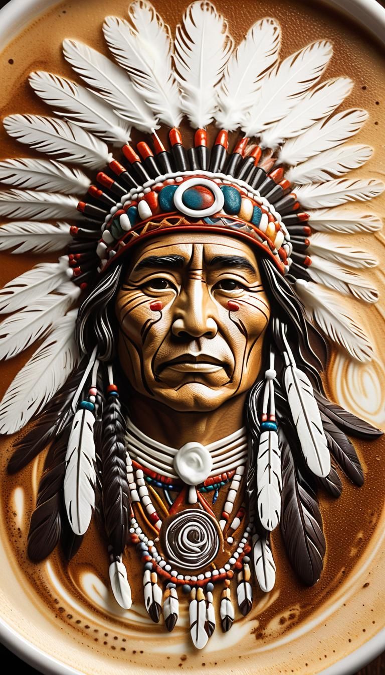 A Latte Art design of a Native American Indian Chief by Kang...