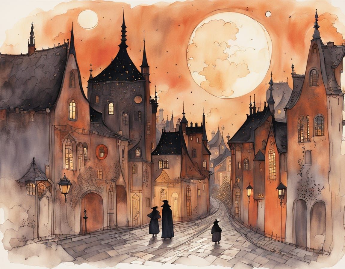 Whimsical Cityscape at Twilight: A Dreamlike Scene of Golden...