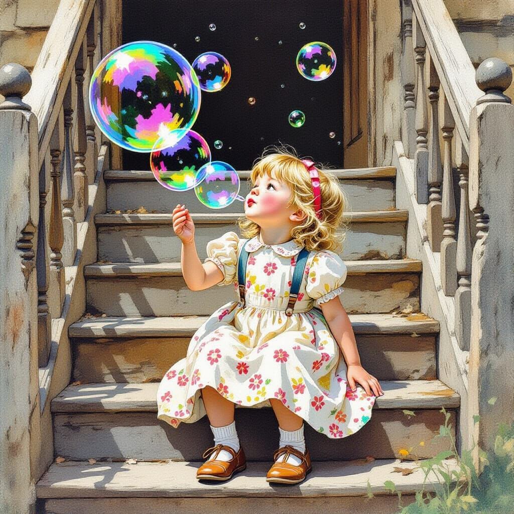 Child Blowing Bubbles in Beatrix Potter Style