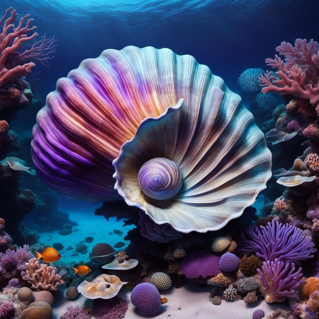 Ocean Shell with Coral and Marine Life
