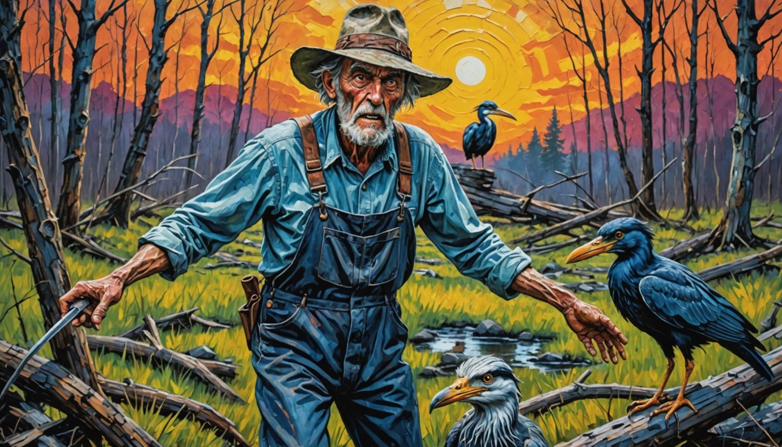 Man Fights Demonic Heron in Expressionist Oil Painting