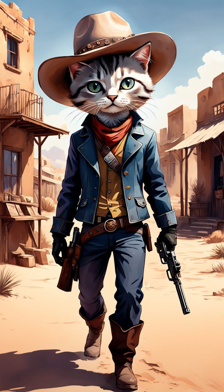 Cowboy Kitten in Desert Town, Digital Painting