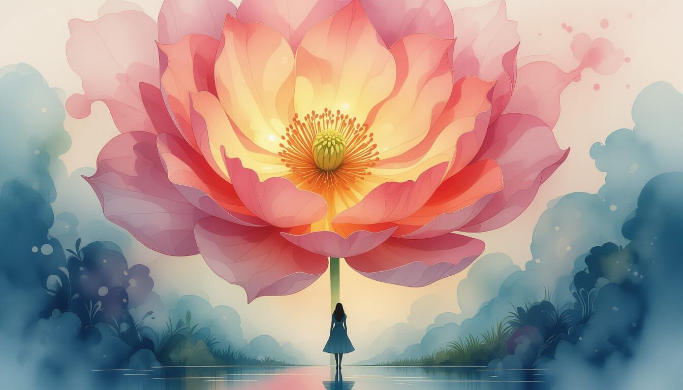Woman Beside Giant Glowing Flower in Impressionist Style