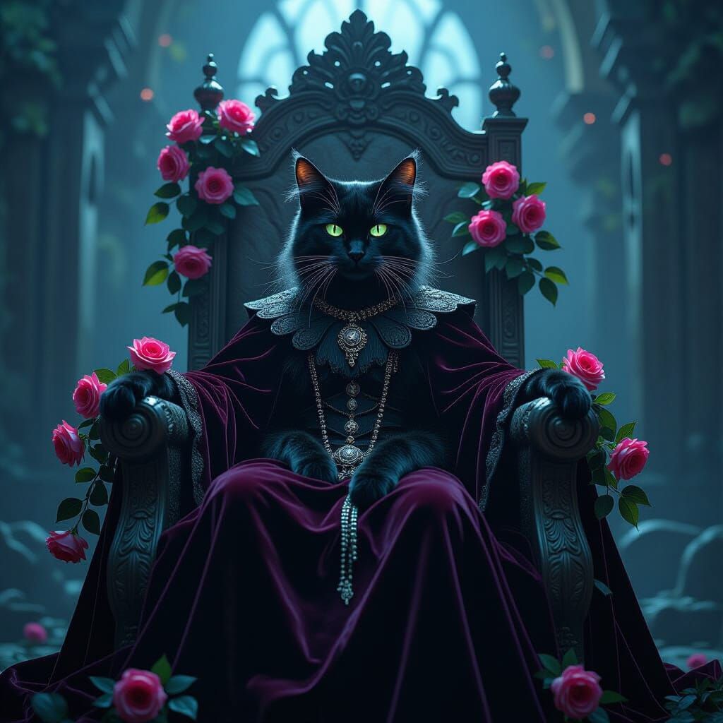 Ethereal Cat on Ancient Throne with Bioluminescent Roses