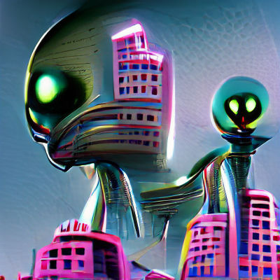 Alien in a Futuristic Robot Cityscape