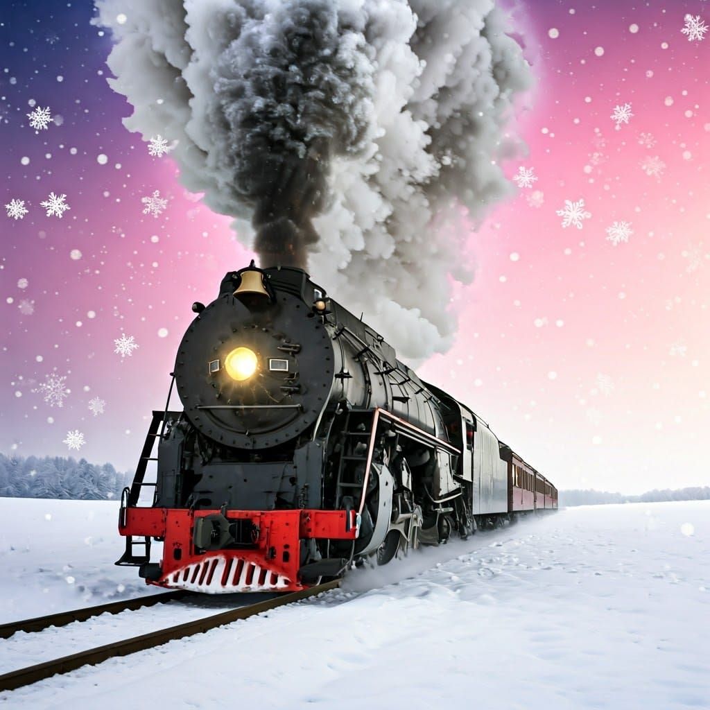 Vintage Steam Train in Snowy Landscape, Cinematic Style