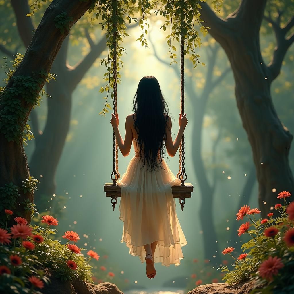 Woman on Ornate Swing in Fantasy Environment