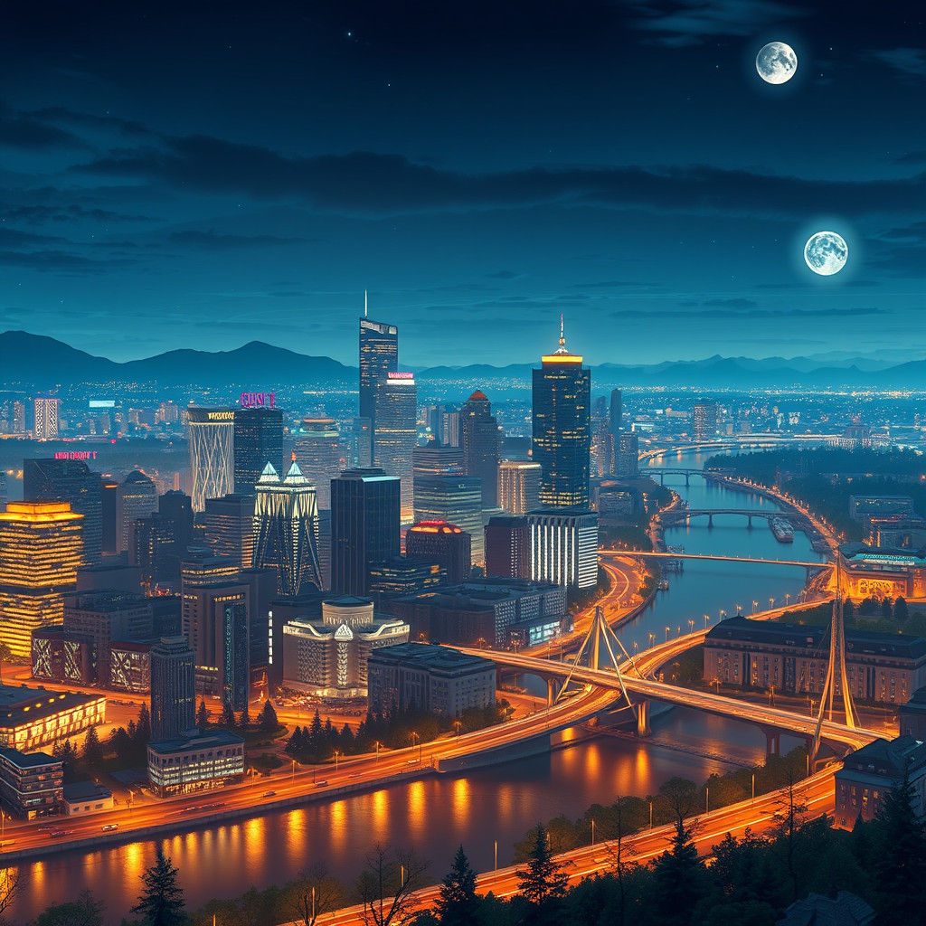 Portland Oregon Skyline at Night in Studio Ghibli Style
