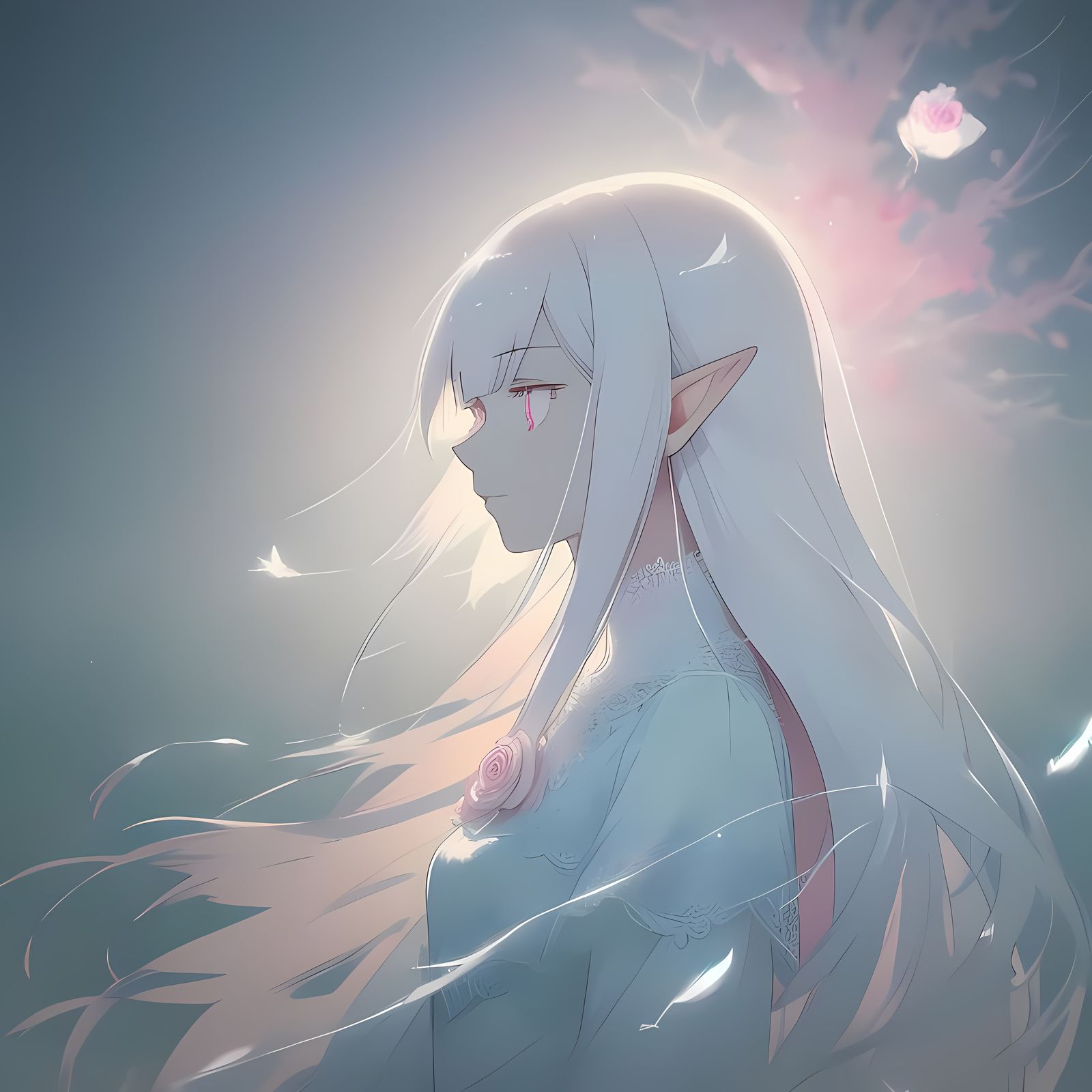 Ethereal Anime Elf Girl in Pale Pink Dress