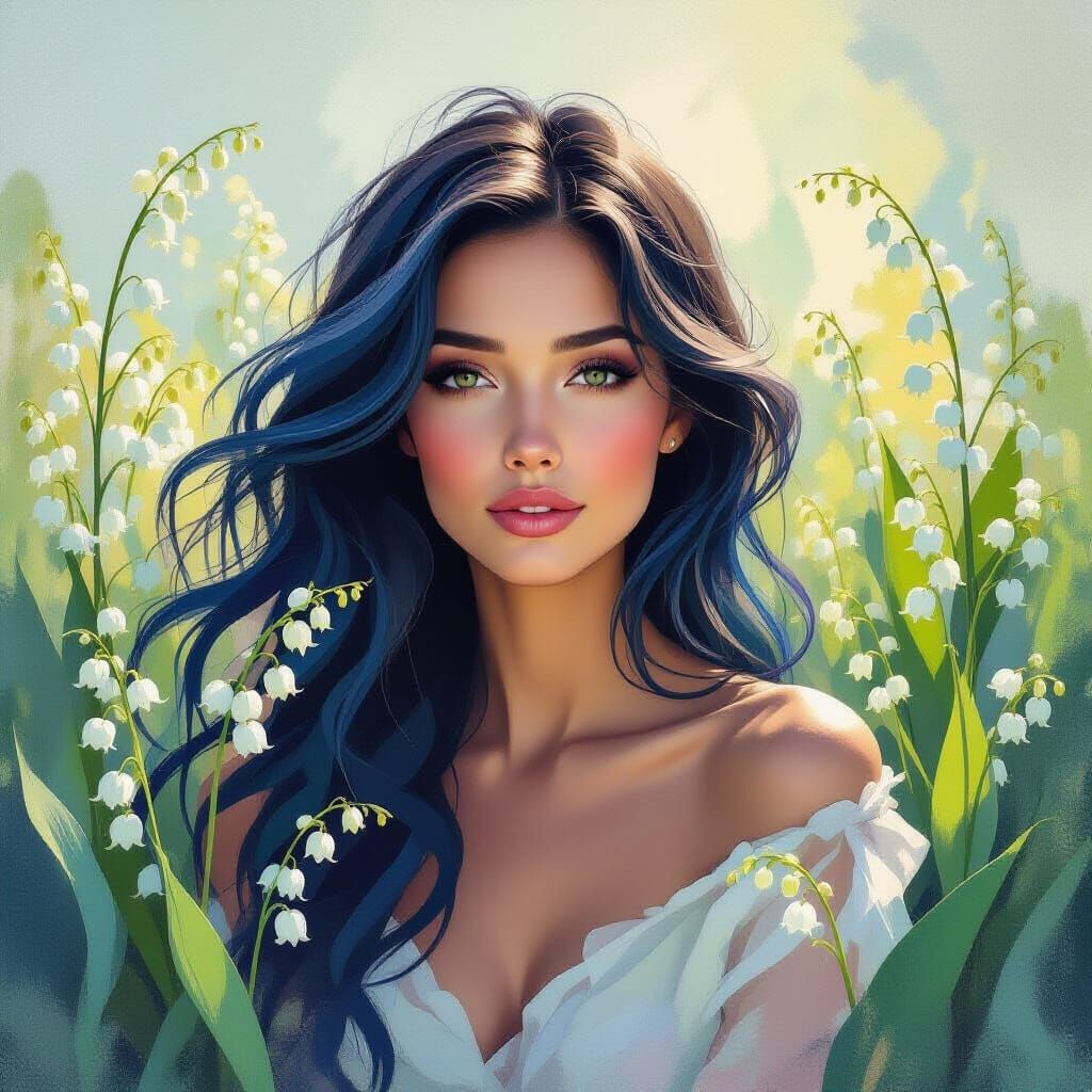 Ethereal Woman with Blue Hair and Lilies, Neo-Impressionist ...