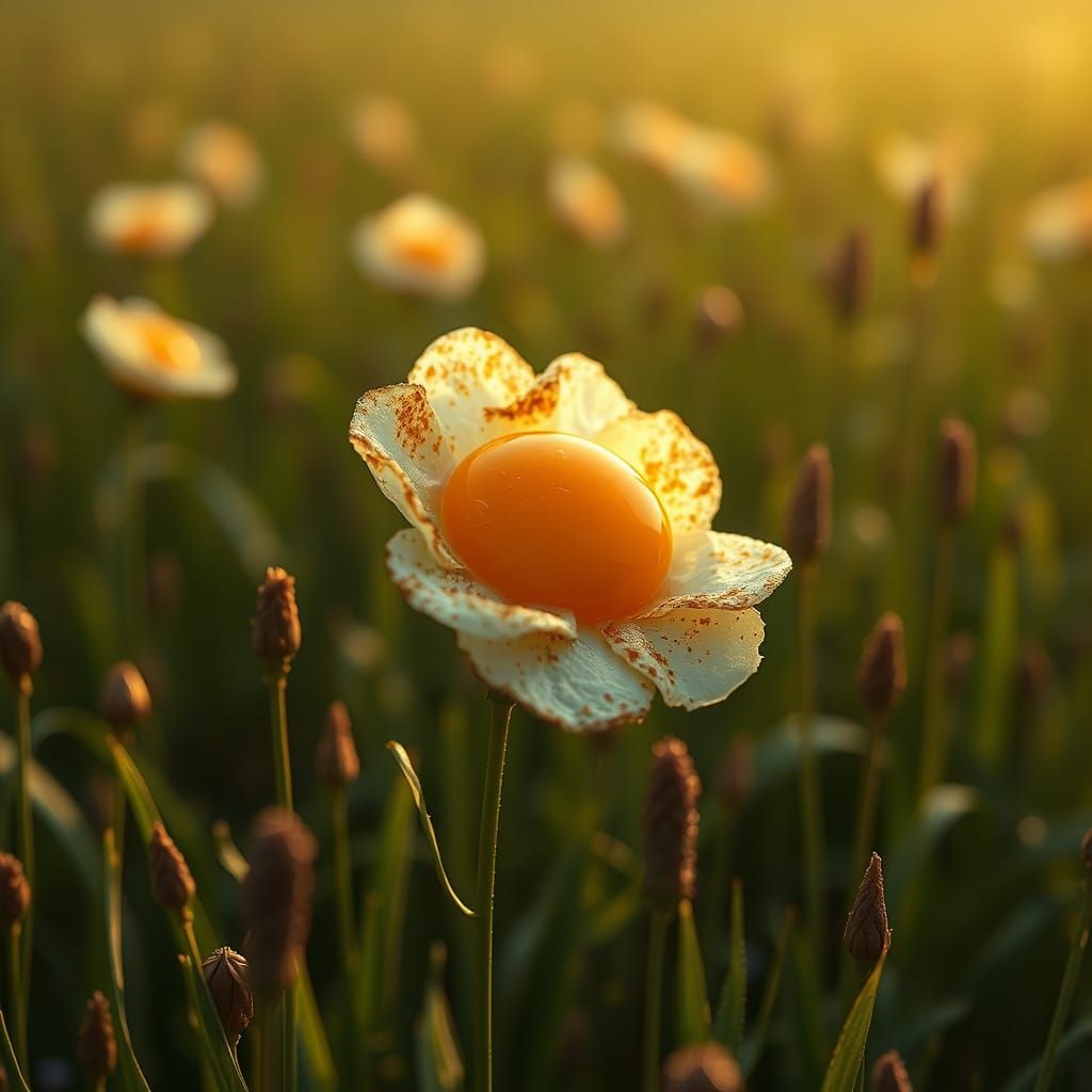 Photorealistic Fried Egg Flowers in a Field