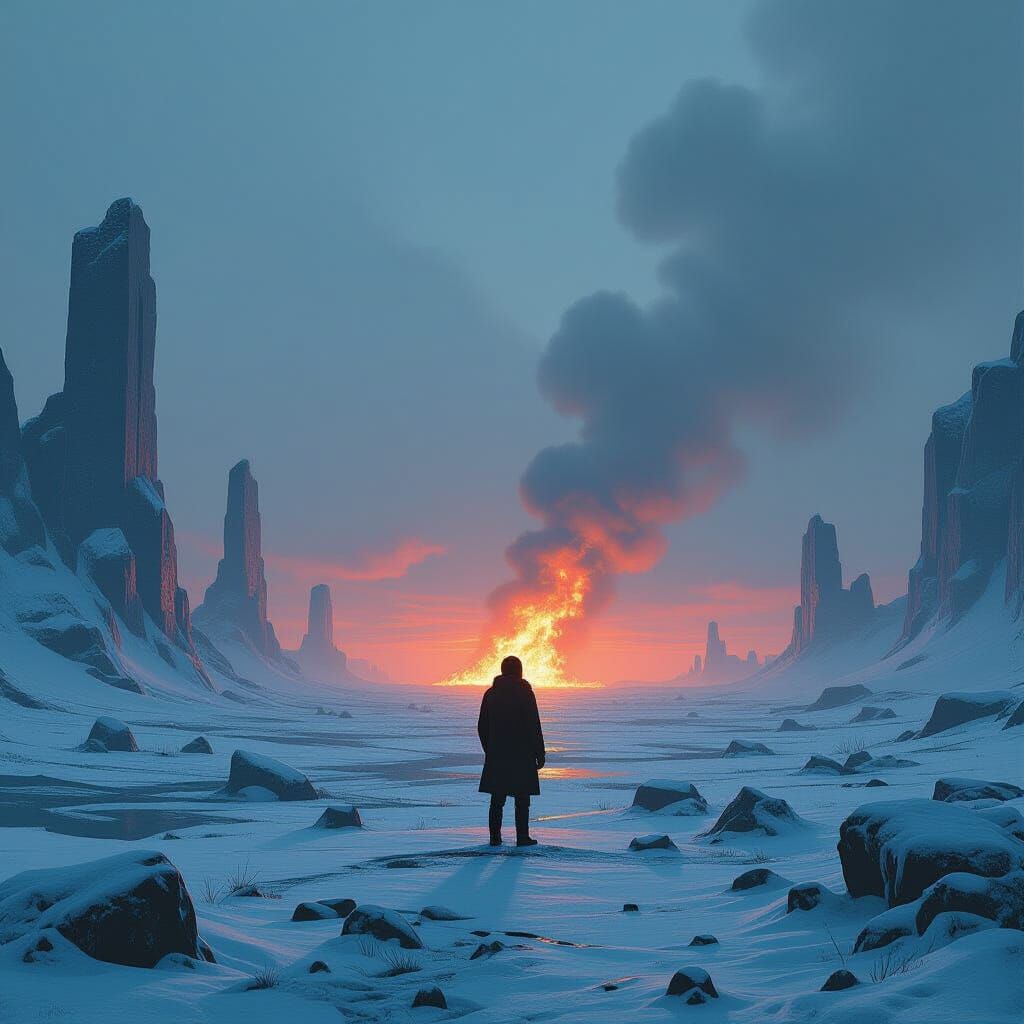 Dystopian Frozen Landscape with Flames