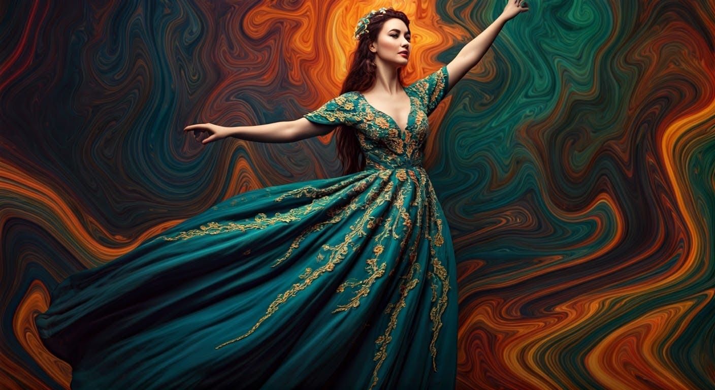 Woman Dancing in Lace Lizard Dress, Gouache Painting