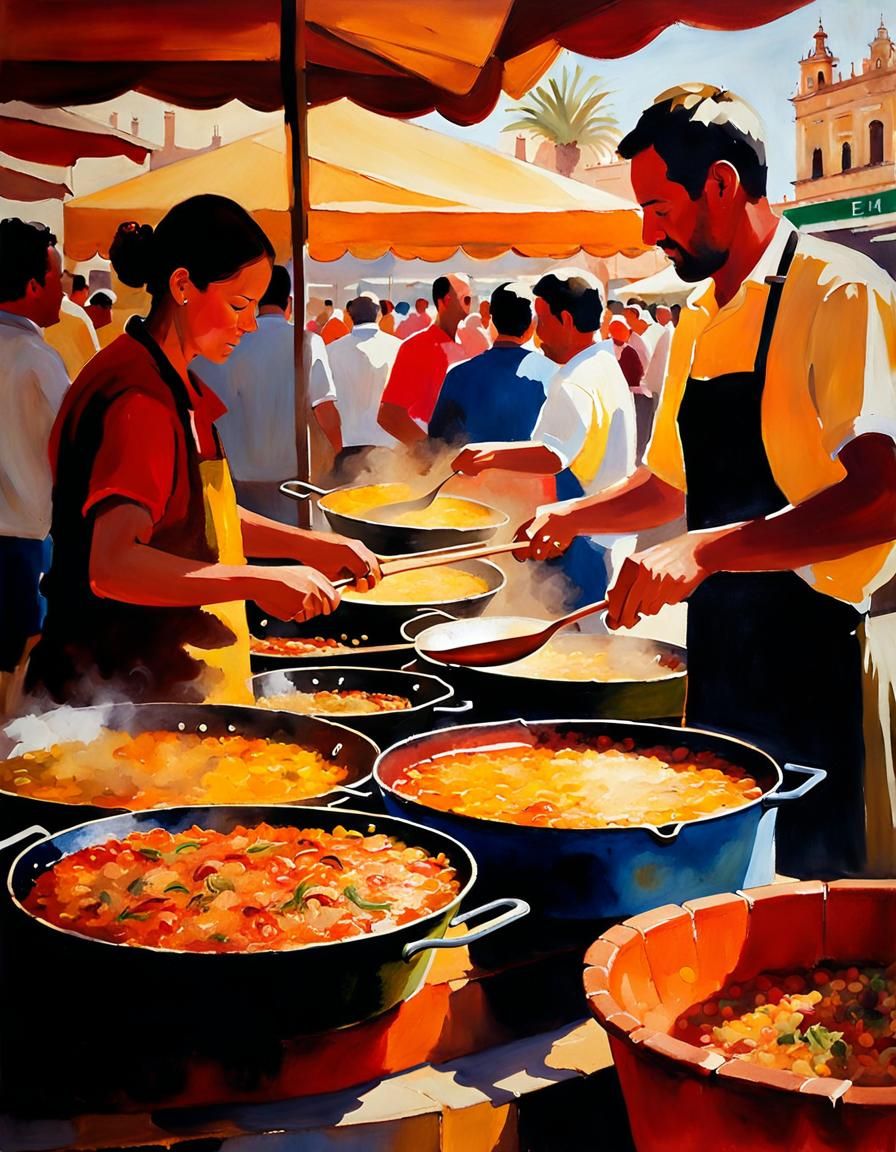 Paella Stall in Seville: Encaustic Painting