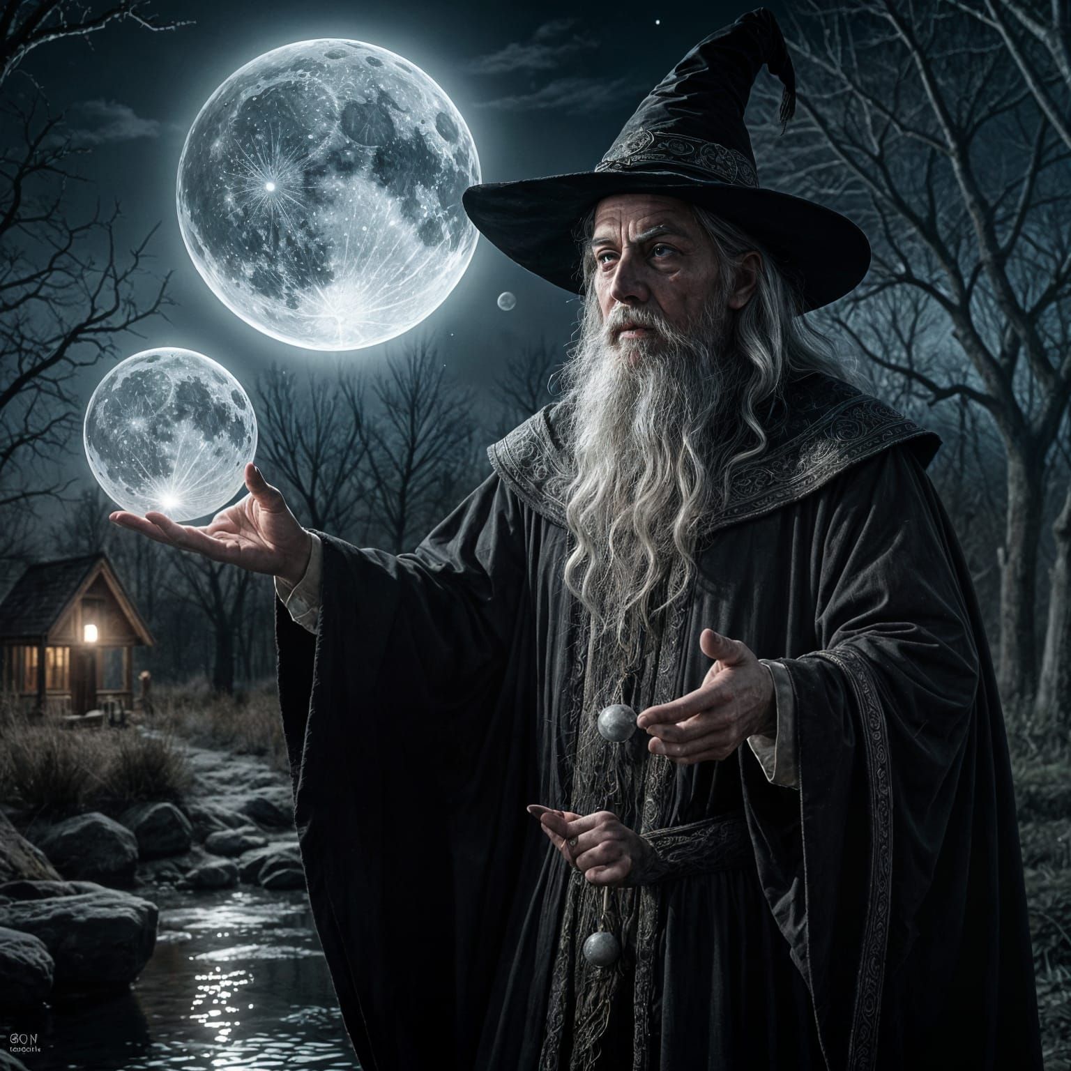 Gothic Wizard Conjuring Spirits in Moonlight, Hyperrealism