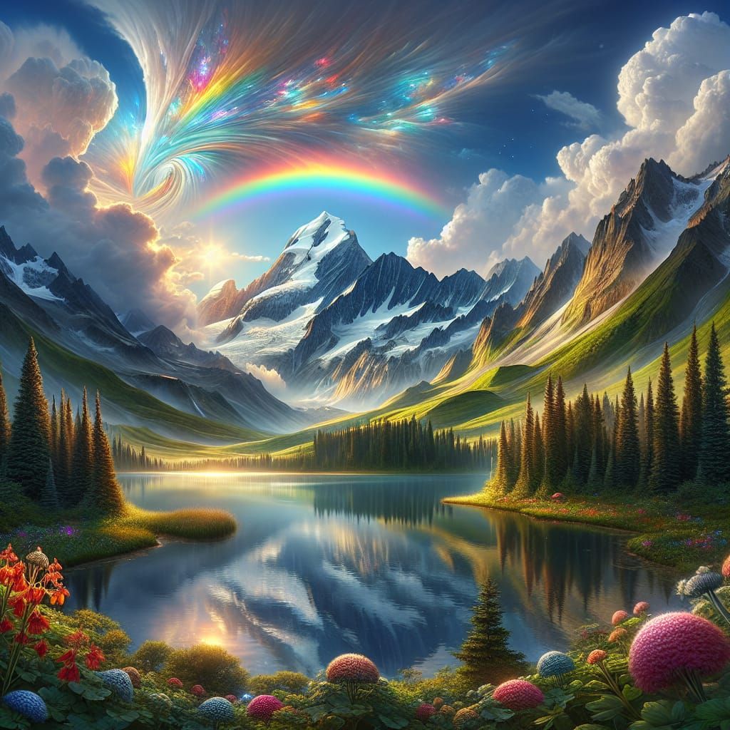 Rainbow Wings Over Mountain Lake Landscape
