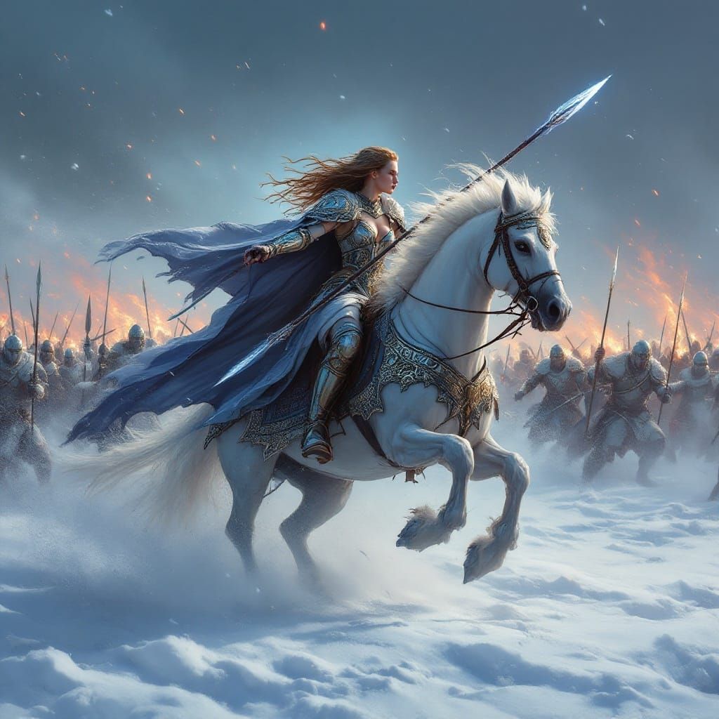 Valkyrie Charging into Battle with Sword and Spear in Snowy...