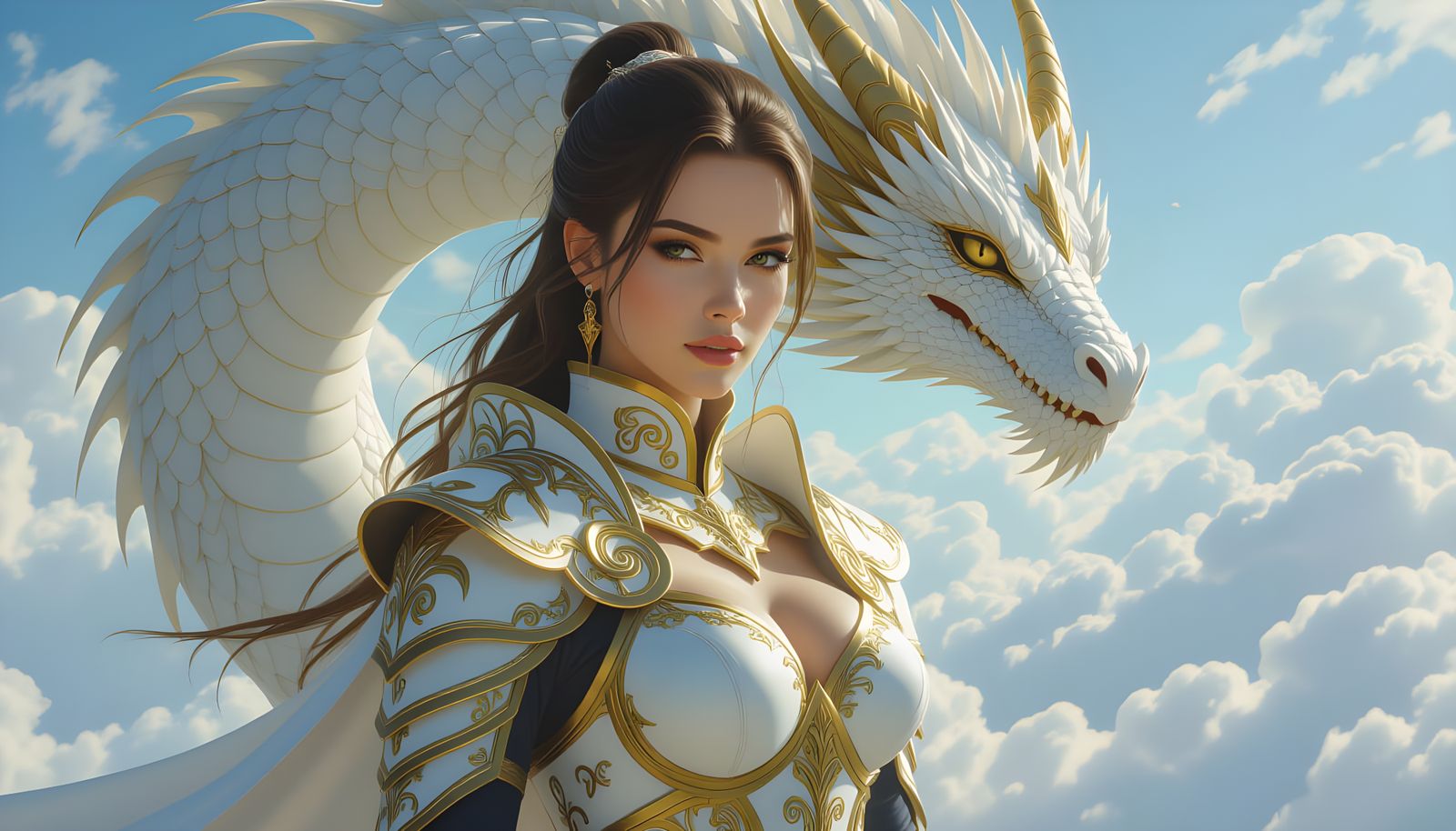 Dragon and Armored Woman in Ethereal Gothic Sky