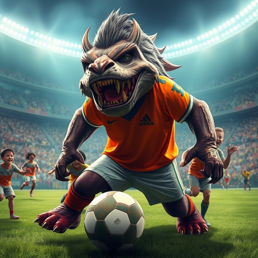 Friendly Beast Plays Soccer in Lush Stadium