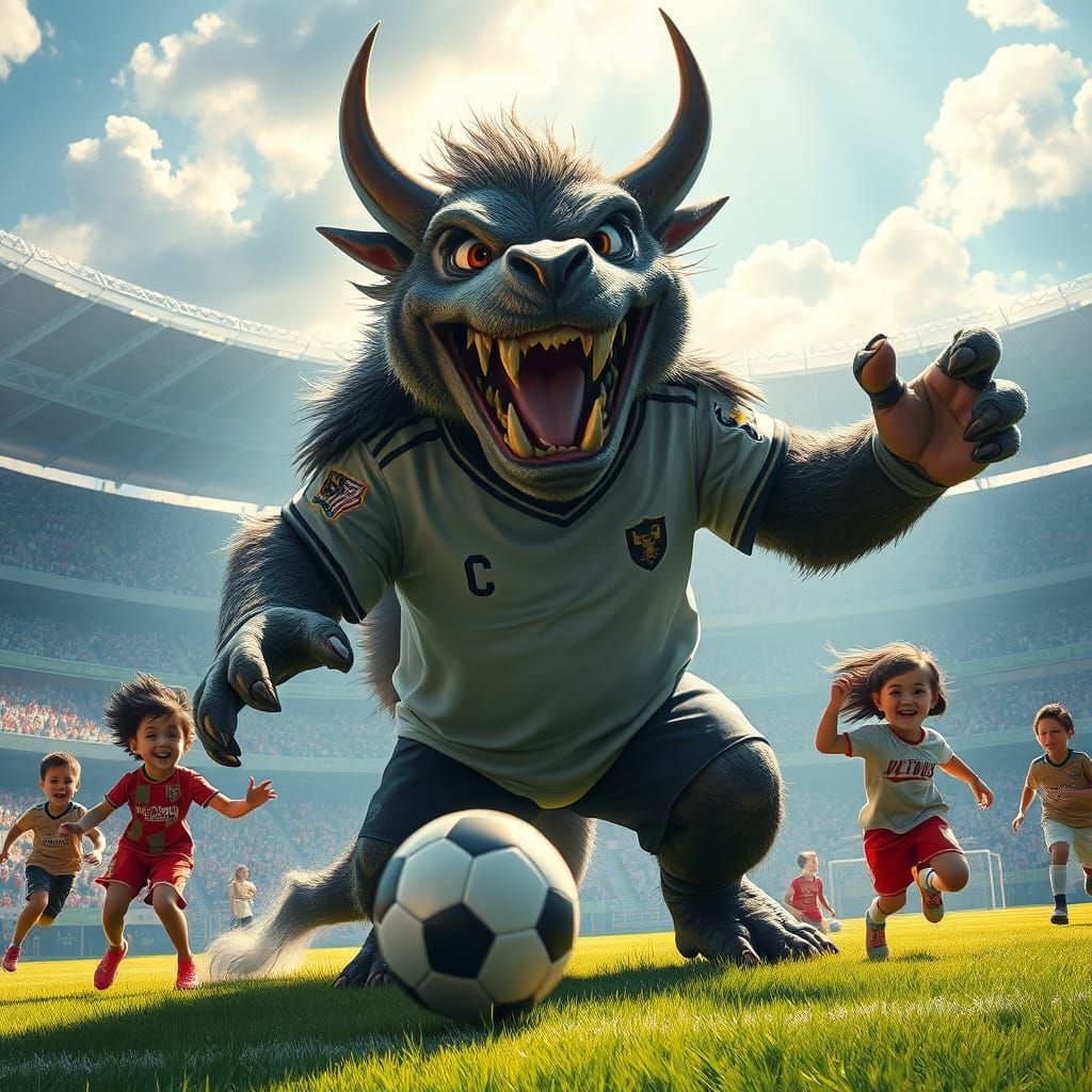 Beast Plays Soccer with Kids, Digital Matte Painting