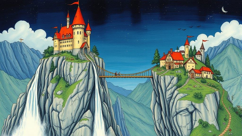 Whimsical Castle on a Cliff with Waterfall and Village