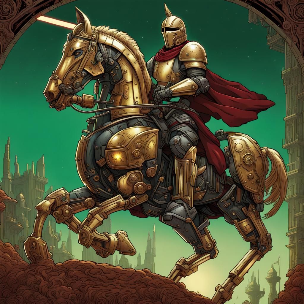 Medieval Knight on Sci-Fi Mechanical Horse