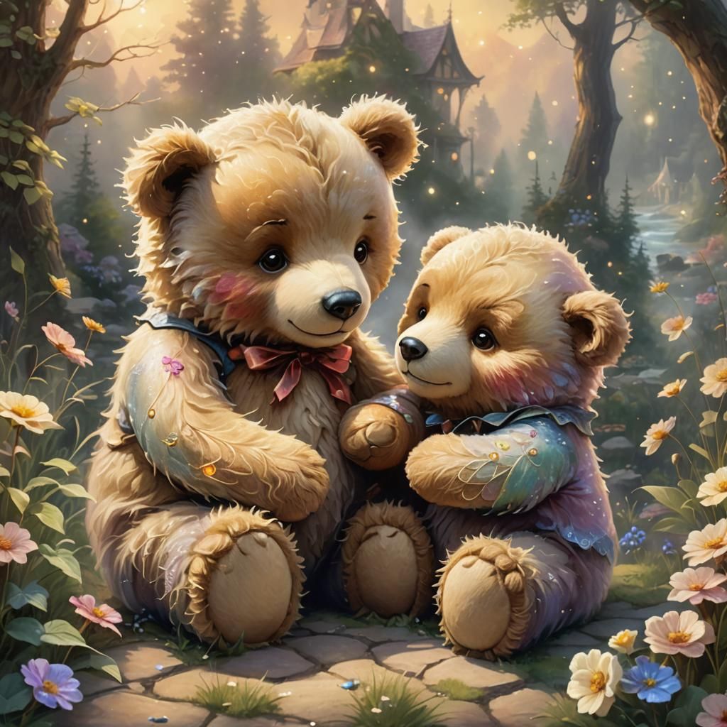 Teddy Bears Hug in Golden Light, Kinkade Style