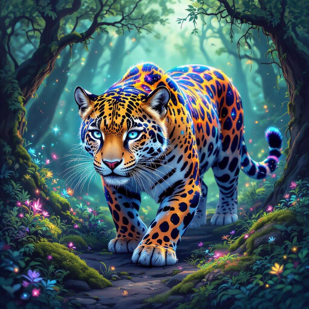 Majestic Galaxy Jaguar in Enchanted Forest