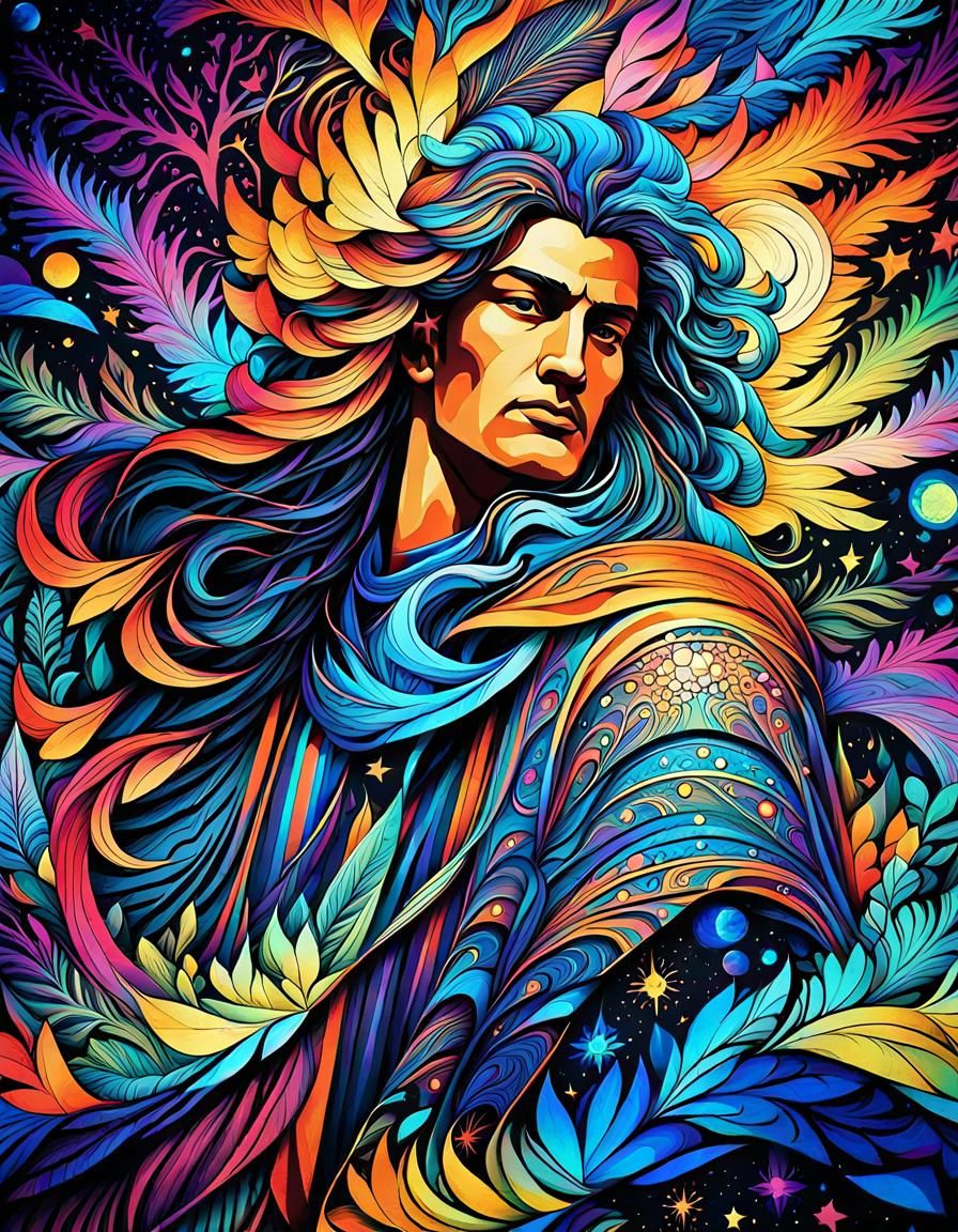 Apollo in Bioluminescent Forest: Psychedelic Geometric Artwo...