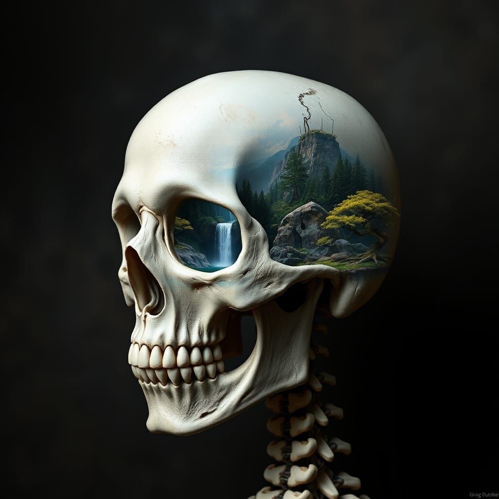 Hyperrealistic Skull with Waterfall Landscape