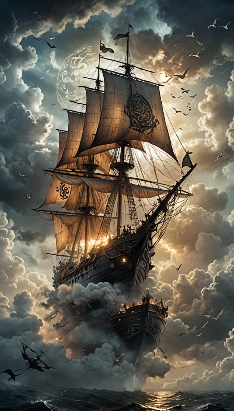 Ghostly Sailship Amidst Stormy Skies