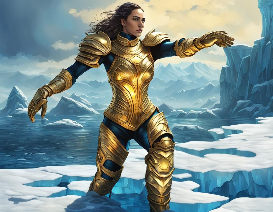 Armored Heroine on Iceberg in Cyberpunk Style