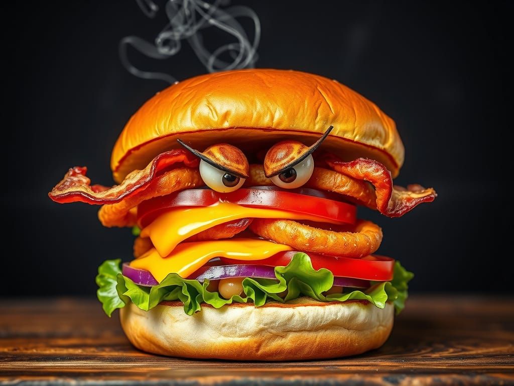 Gourmet Cheeseburger With Angry Face, Professional Ad Photo