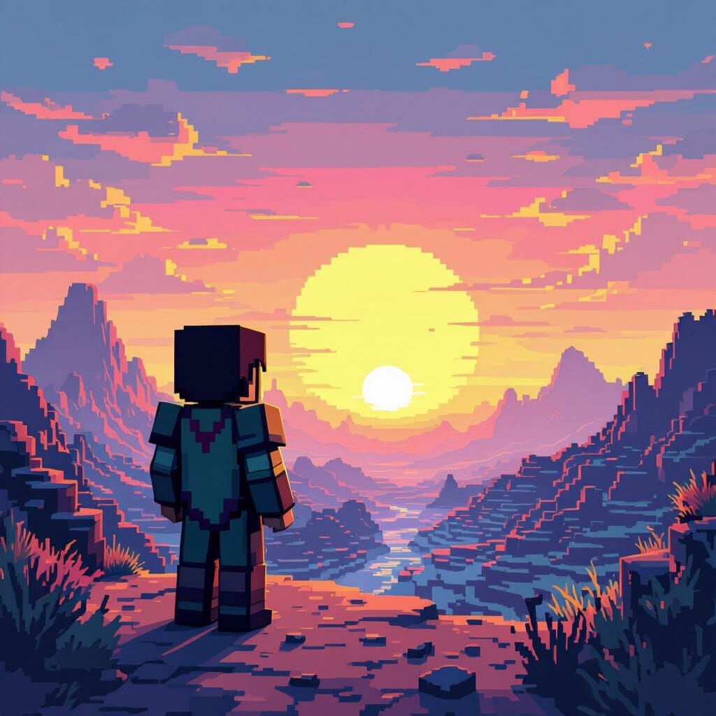 Minecraft Villager Gazes at Binary Sunset as Pixel Art