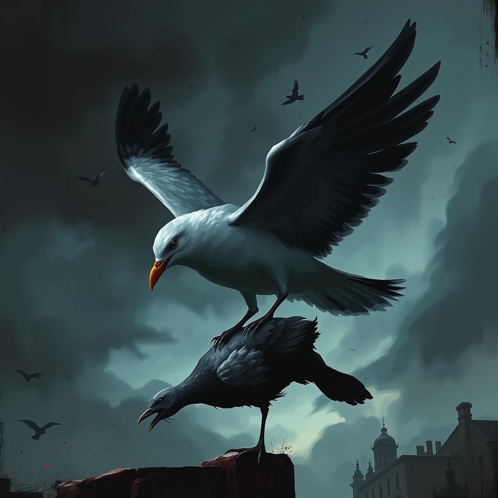 Ominous Seagull Villain in Gothic Cityscape