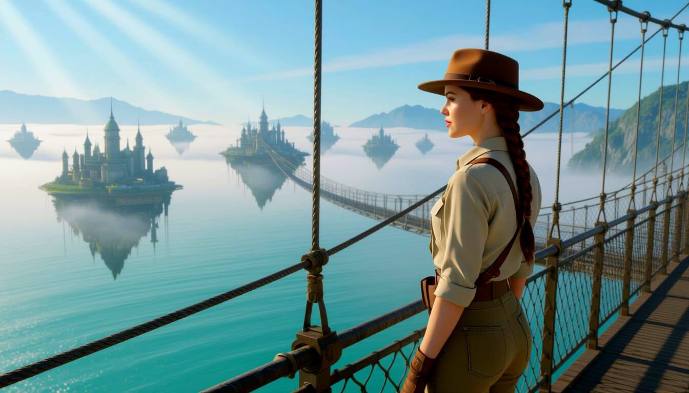 Woman on Bridge Over Foggy Islands, Steampunk Style
