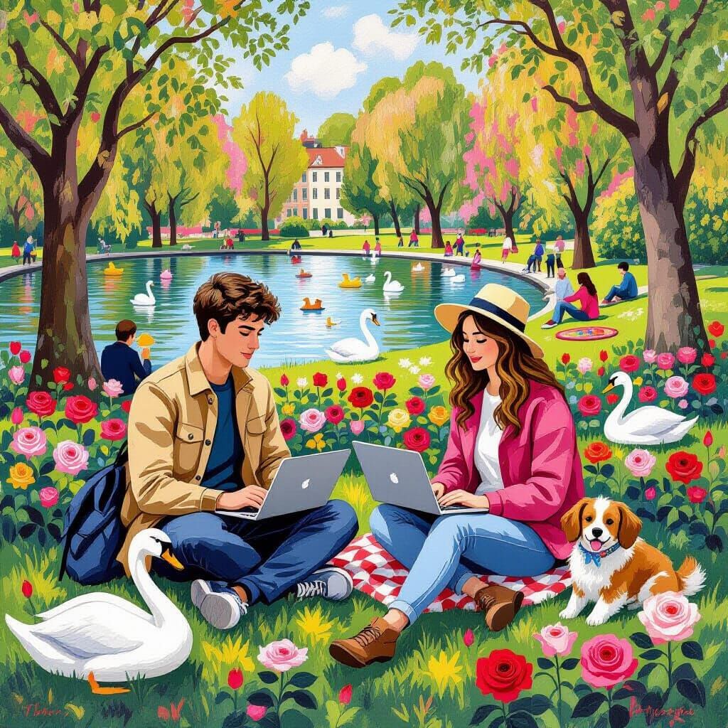 Couple Meeting in a Vibrant Park Scene